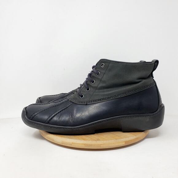 J Crew Duck Boots Mens 10 Waxed Canvas Black Leather Retro Lace Up Ankle Shoes - Picture 1 of 16